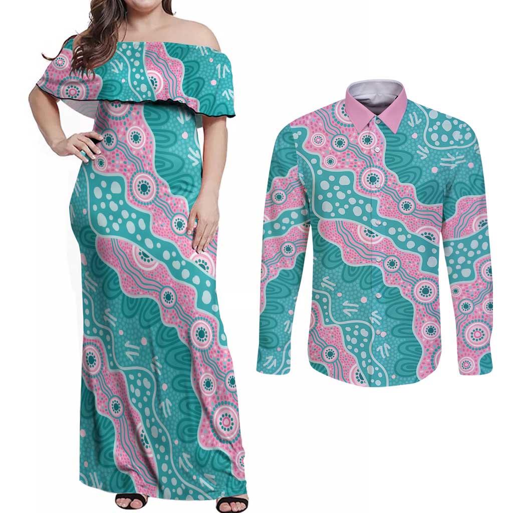 Hereditary Cancer Awareness Australia Indigenous Couples Matching Off Shoulder Maxi Dress and Long Sleeve Button Shirt Pink and Teal - Aussie Hoodie