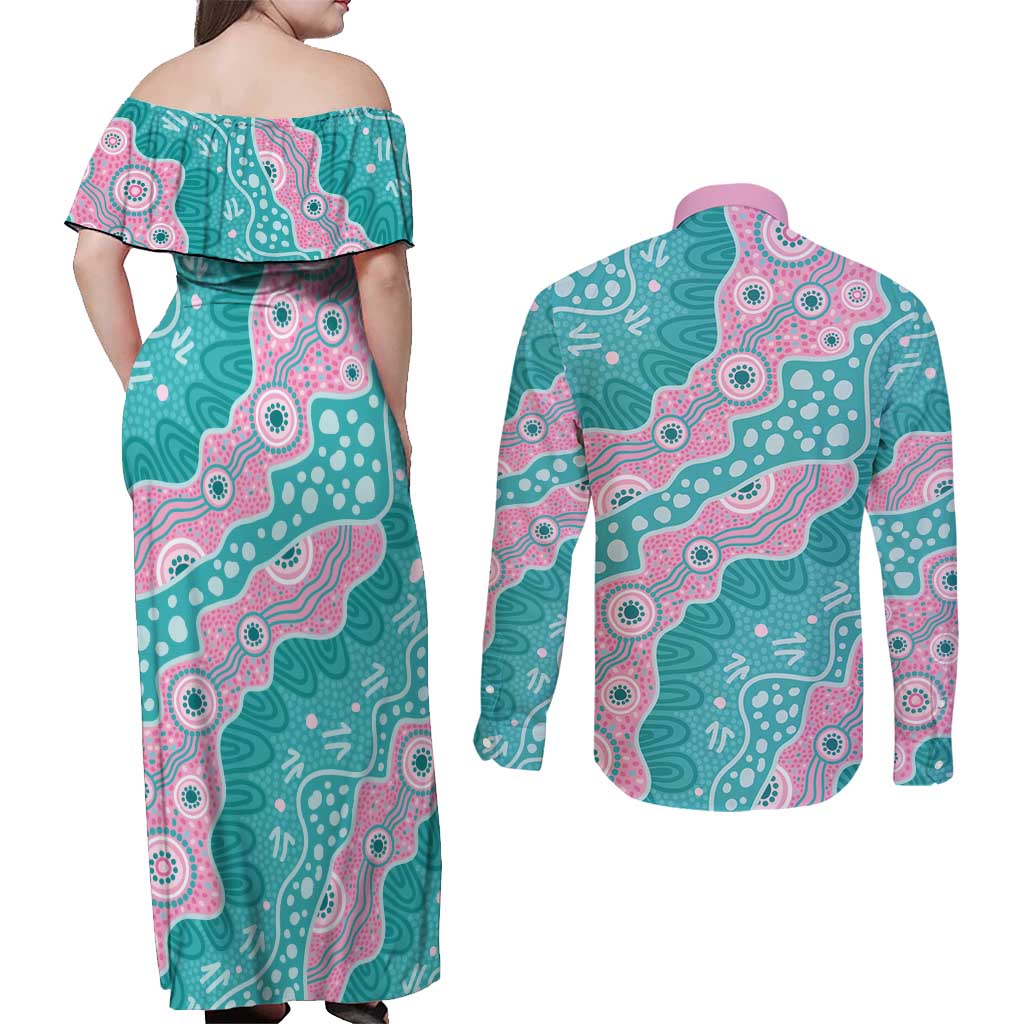 Hereditary Cancer Awareness Australia Indigenous Couples Matching Off Shoulder Maxi Dress and Long Sleeve Button Shirt Pink and Teal - Aussie Hoodie