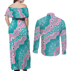 Hereditary Cancer Awareness Australia Indigenous Couples Matching Off Shoulder Maxi Dress and Long Sleeve Button Shirt Pink and Teal - Aussie Hoodie