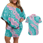 Hereditary Cancer Awareness Australia Indigenous Couples Matching Off Shoulder Short Dress and Hawaiian Shirt Pink and Teal - Aussie Hoodie