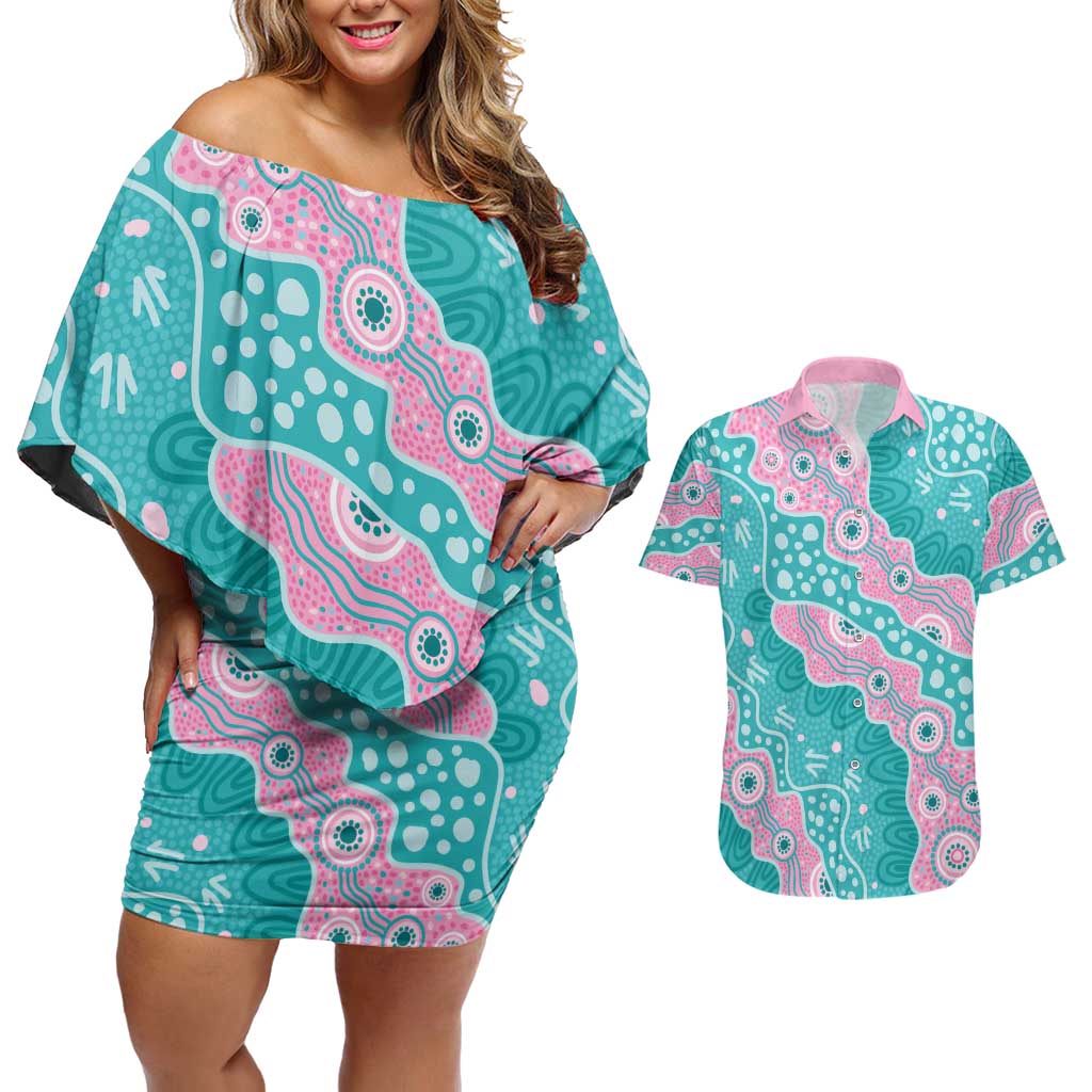 Hereditary Cancer Awareness Australia Indigenous Couples Matching Off Shoulder Short Dress and Hawaiian Shirt Pink and Teal - Aussie Hoodie