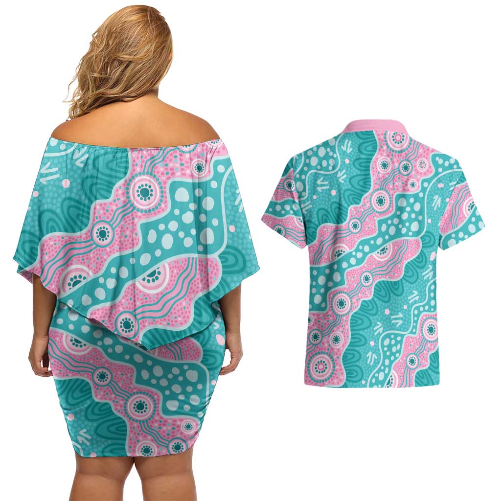 Hereditary Cancer Awareness Australia Indigenous Couples Matching Off Shoulder Short Dress and Hawaiian Shirt Pink and Teal - Aussie Hoodie