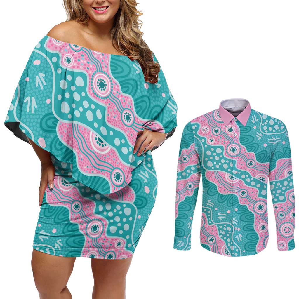Hereditary Cancer Awareness Australia Indigenous Couples Matching Off Shoulder Short Dress and Long Sleeve Button Shirt Pink and Teal - Aussie Hoodie
