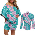 Hereditary Cancer Awareness Australia Indigenous Couples Matching Off Shoulder Short Dress and Long Sleeve Button Shirt Pink and Teal - Aussie Hoodie