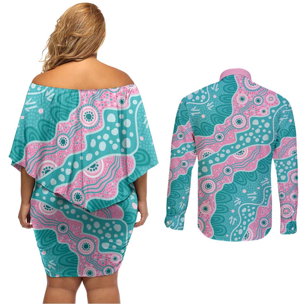 Hereditary Cancer Awareness Australia Indigenous Couples Matching Off Shoulder Short Dress and Long Sleeve Button Shirt Pink and Teal - Aussie Hoodie
