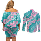 Hereditary Cancer Awareness Australia Indigenous Couples Matching Off Shoulder Short Dress and Long Sleeve Button Shirt Pink and Teal - Aussie Hoodie