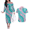 Hereditary Cancer Awareness Australia Indigenous Couples Matching Off The Shoulder Long Sleeve Dress and Hawaiian Shirt Pink and Teal - Aussie Hoodie