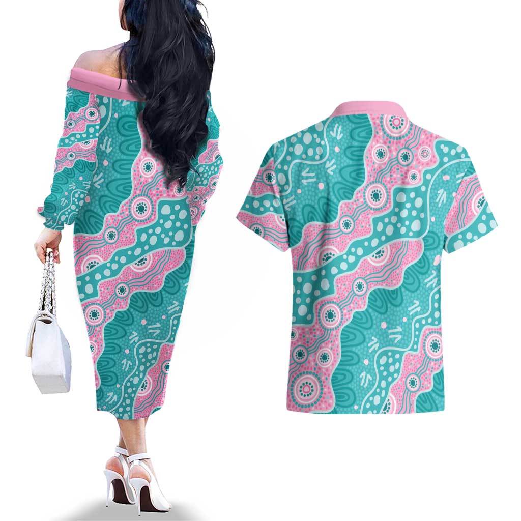 Hereditary Cancer Awareness Australia Indigenous Couples Matching Off The Shoulder Long Sleeve Dress and Hawaiian Shirt Pink and Teal - Aussie Hoodie