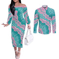 Hereditary Cancer Awareness Australia Indigenous Couples Matching Off The Shoulder Long Sleeve Dress and Long Sleeve Button Shirt Pink and Teal - Aussie Hoodie