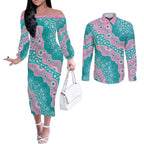 Hereditary Cancer Awareness Australia Indigenous Couples Matching Off The Shoulder Long Sleeve Dress and Long Sleeve Button Shirt Pink and Teal - Aussie Hoodie