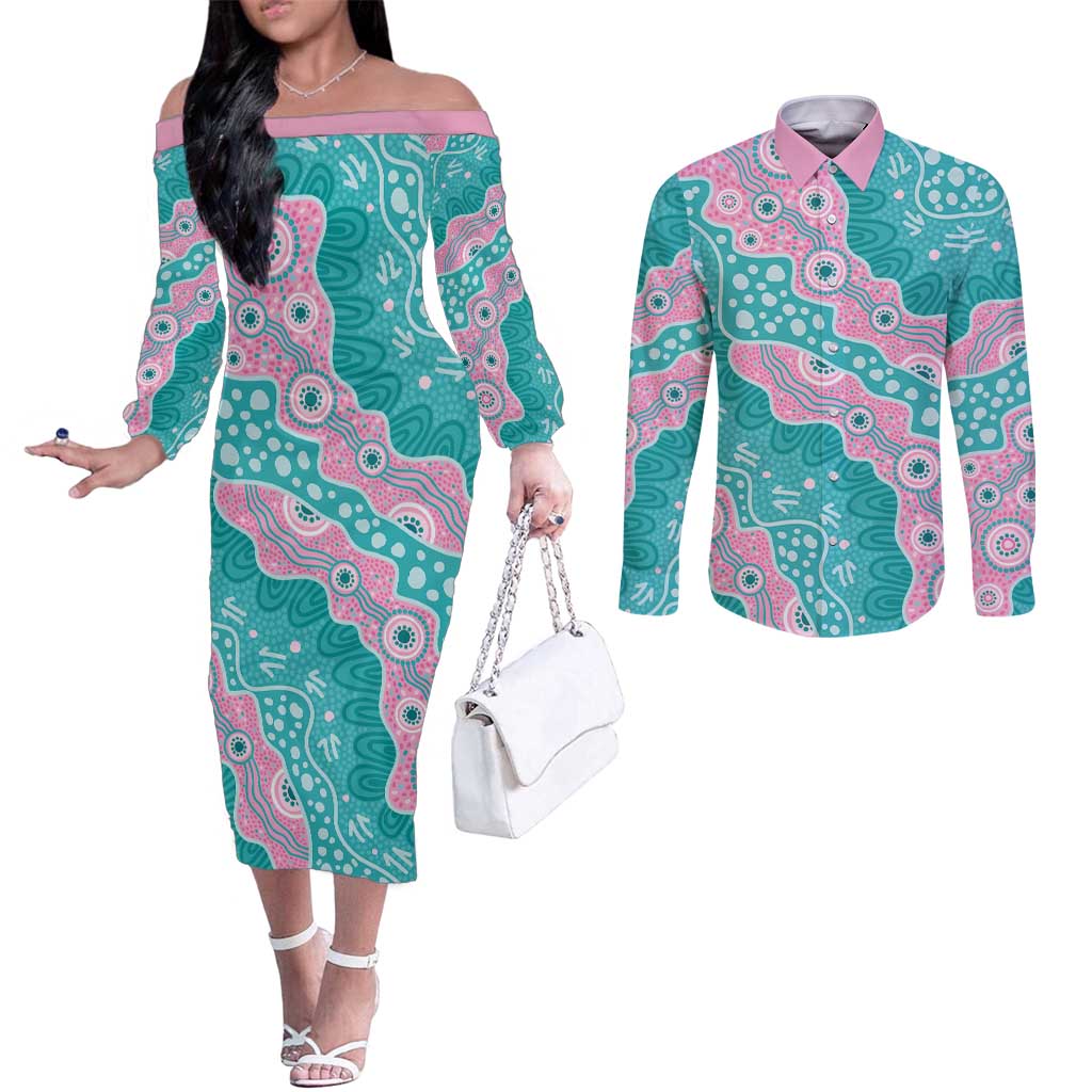 Hereditary Cancer Awareness Australia Indigenous Couples Matching Off The Shoulder Long Sleeve Dress and Long Sleeve Button Shirt Pink and Teal - Aussie Hoodie