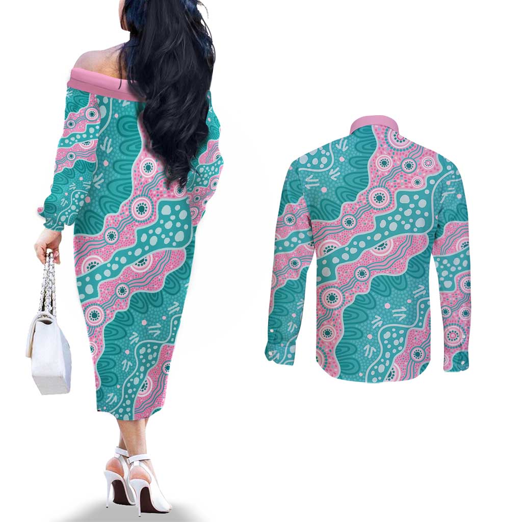 Hereditary Cancer Awareness Australia Indigenous Couples Matching Off The Shoulder Long Sleeve Dress and Long Sleeve Button Shirt Pink and Teal - Aussie Hoodie