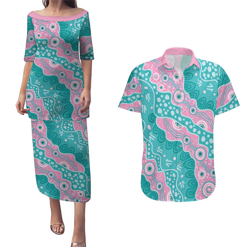 Hereditary Cancer Awareness Australia Indigenous Couples Matching Puletasi and Hawaiian Shirt Pink and Teal - Aussie Hoodie