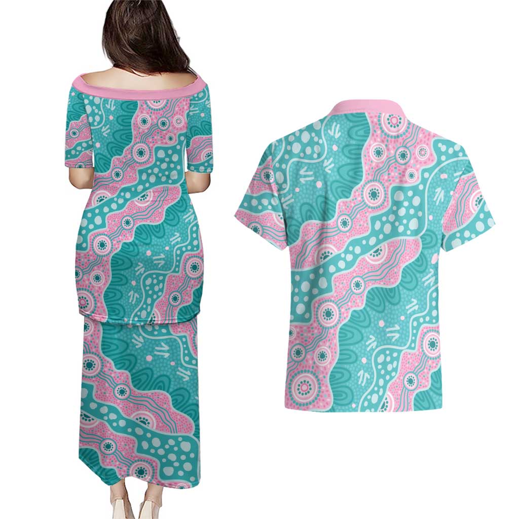 Hereditary Cancer Awareness Australia Indigenous Couples Matching Puletasi and Hawaiian Shirt Pink and Teal - Aussie Hoodie