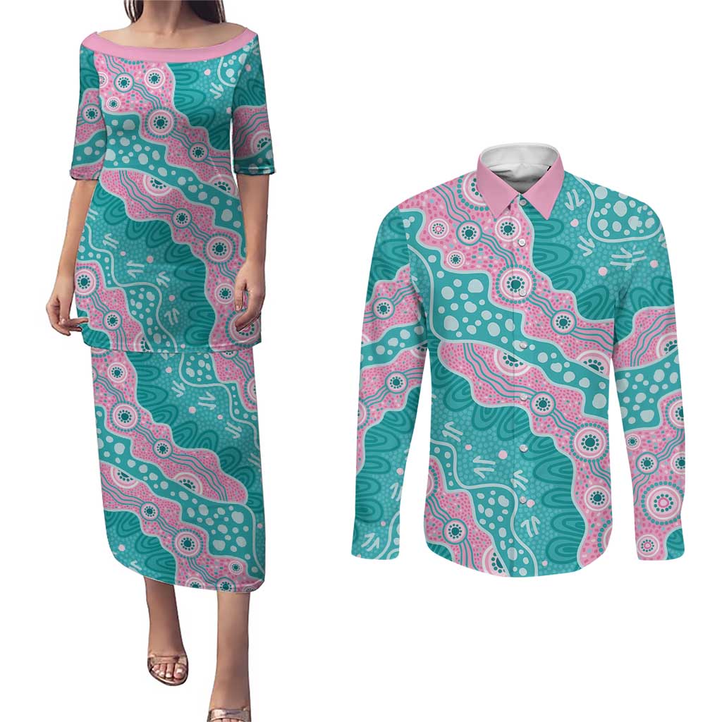 Hereditary Cancer Awareness Australia Indigenous Couples Matching Puletasi and Long Sleeve Button Shirt Pink and Teal - Aussie Hoodie