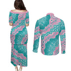 Hereditary Cancer Awareness Australia Indigenous Couples Matching Puletasi and Long Sleeve Button Shirt Pink and Teal - Aussie Hoodie