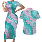 Hereditary Cancer Awareness Australia Indigenous Couples Matching Short Sleeve Bodycon Dress and Hawaiian Shirt Pink and Teal - Aussie Hoodie