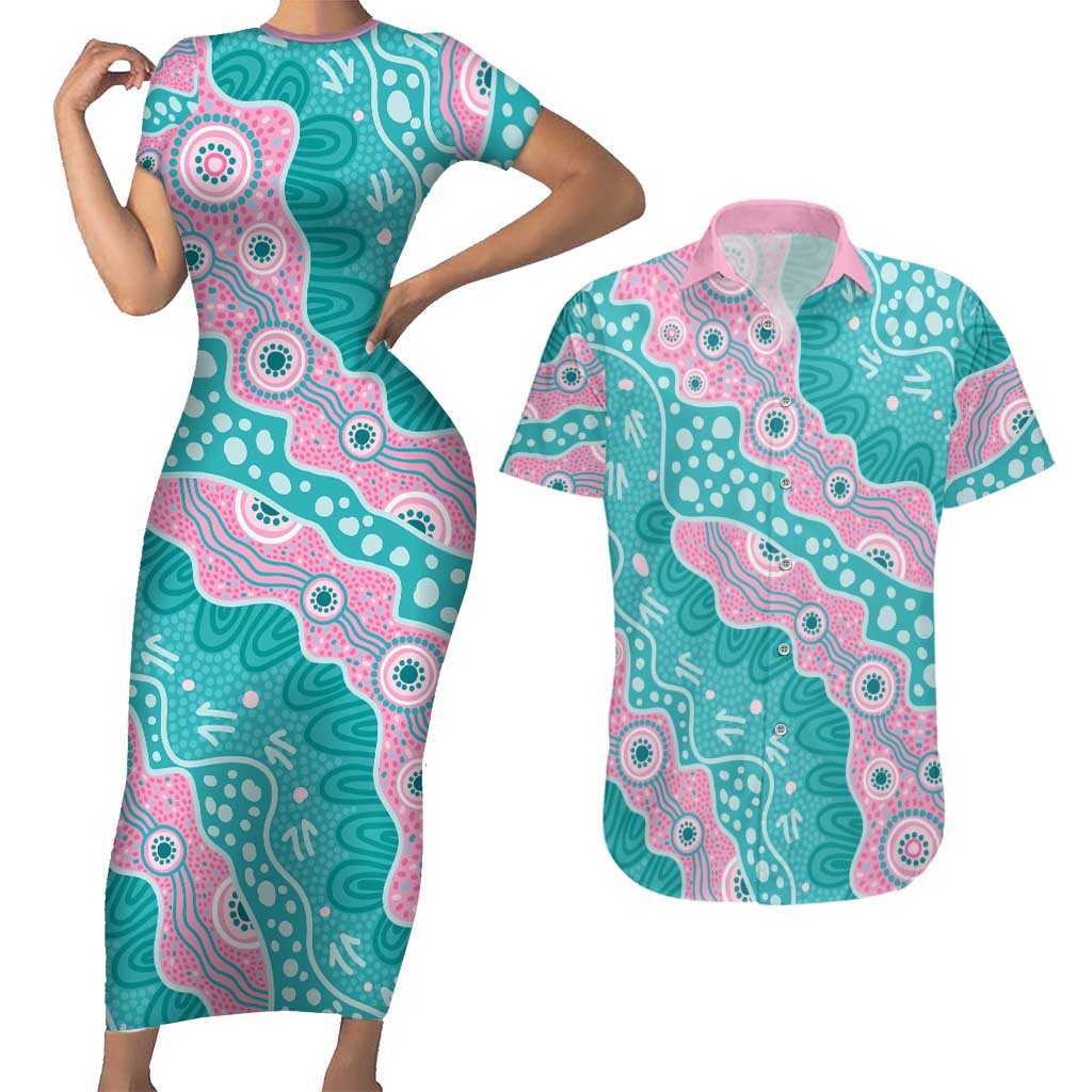 Hereditary Cancer Awareness Australia Indigenous Couples Matching Short Sleeve Bodycon Dress and Hawaiian Shirt Pink and Teal - Aussie Hoodie
