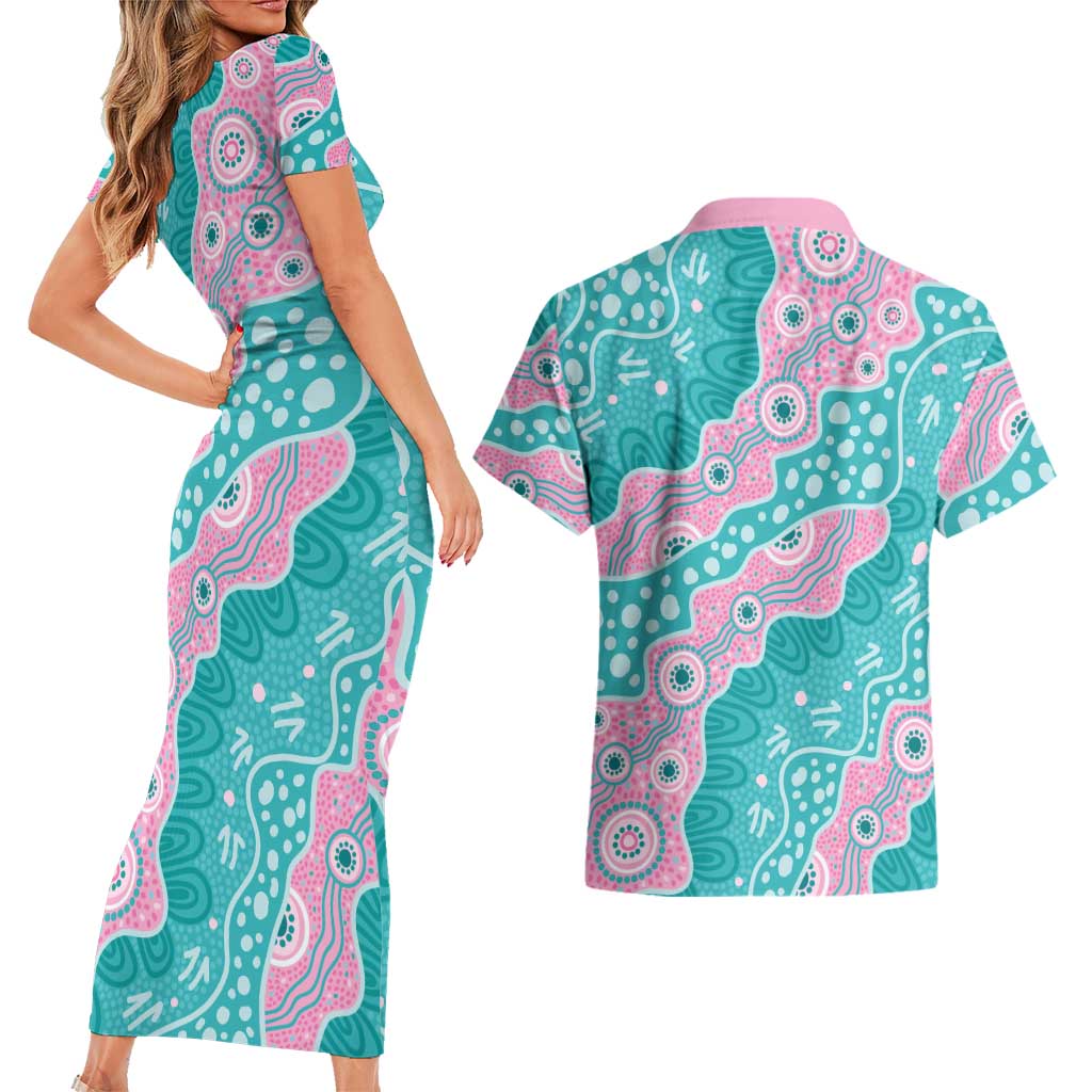 Hereditary Cancer Awareness Australia Indigenous Couples Matching Short Sleeve Bodycon Dress and Hawaiian Shirt Pink and Teal - Aussie Hoodie