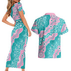Hereditary Cancer Awareness Australia Indigenous Couples Matching Short Sleeve Bodycon Dress and Hawaiian Shirt Pink and Teal - Aussie Hoodie