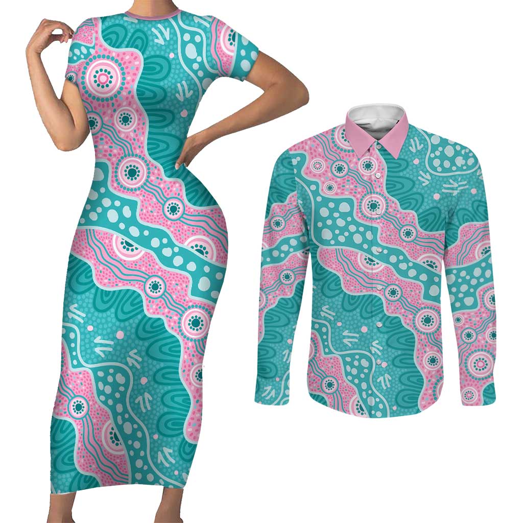 Hereditary Cancer Awareness Australia Indigenous Couples Matching Short Sleeve Bodycon Dress and Long Sleeve Button Shirt Pink and Teal - Aussie Hoodie