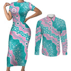 Hereditary Cancer Awareness Australia Indigenous Couples Matching Short Sleeve Bodycon Dress and Long Sleeve Button Shirt Pink and Teal - Aussie Hoodie