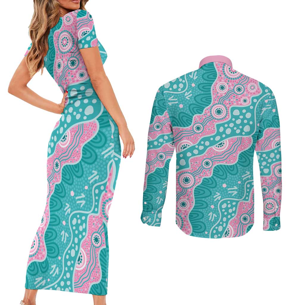Hereditary Cancer Awareness Australia Indigenous Couples Matching Short Sleeve Bodycon Dress and Long Sleeve Button Shirt Pink and Teal - Aussie Hoodie