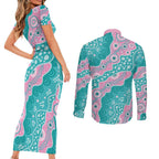 Hereditary Cancer Awareness Australia Indigenous Couples Matching Short Sleeve Bodycon Dress and Long Sleeve Button Shirt Pink and Teal - Aussie Hoodie
