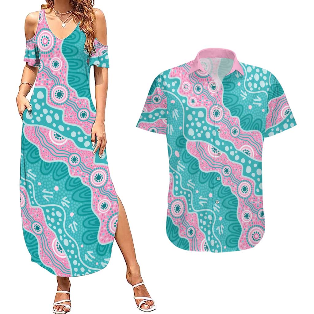 Hereditary Cancer Awareness Australia Indigenous Couples Matching Summer Maxi Dress and Hawaiian Shirt Pink and Teal - Aussie Hoodie