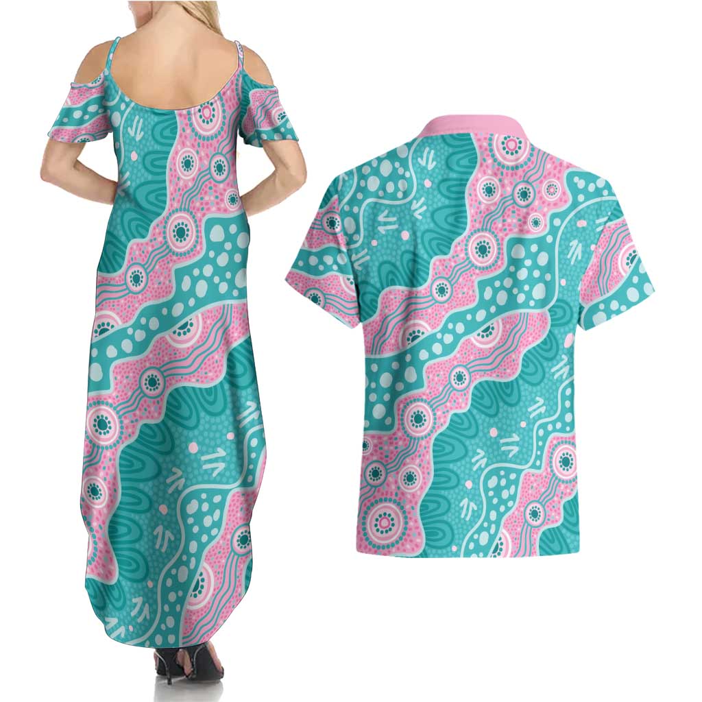 Hereditary Cancer Awareness Australia Indigenous Couples Matching Summer Maxi Dress and Hawaiian Shirt Pink and Teal - Aussie Hoodie
