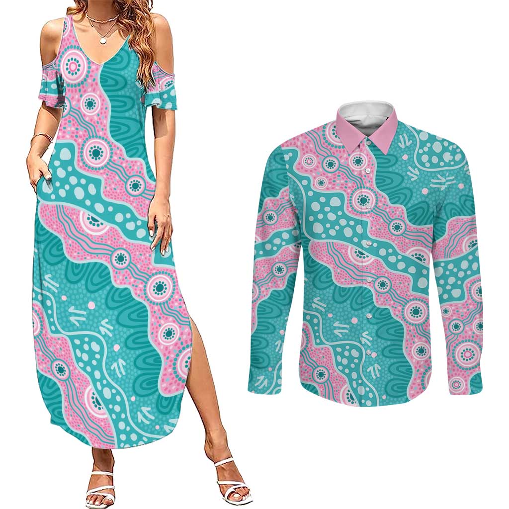 Hereditary Cancer Awareness Australia Indigenous Couples Matching Summer Maxi Dress and Long Sleeve Button Shirt Pink and Teal - Aussie Hoodie