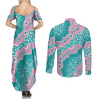 Hereditary Cancer Awareness Australia Indigenous Couples Matching Summer Maxi Dress and Long Sleeve Button Shirt Pink and Teal - Aussie Hoodie