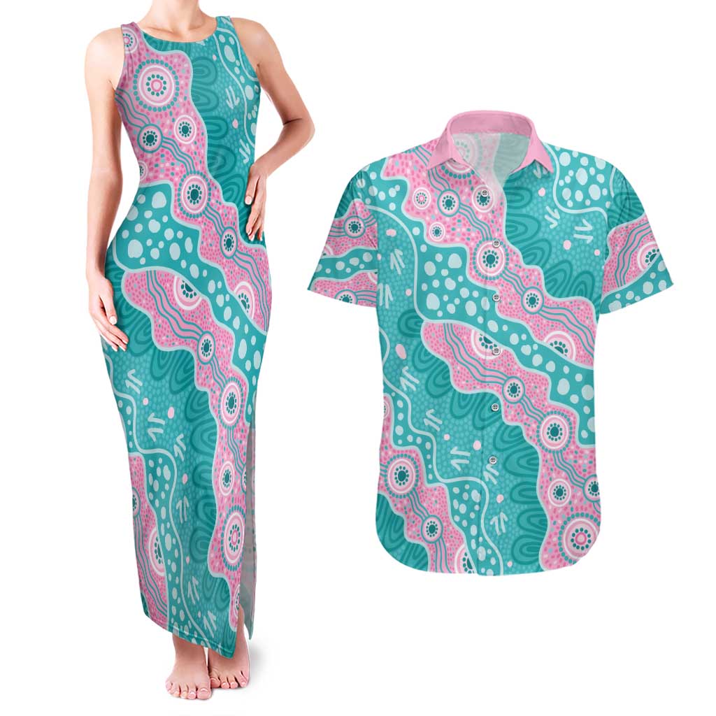 Hereditary Cancer Awareness Australia Indigenous Couples Matching Tank Maxi Dress and Hawaiian Shirt Pink and Teal - Aussie Hoodie