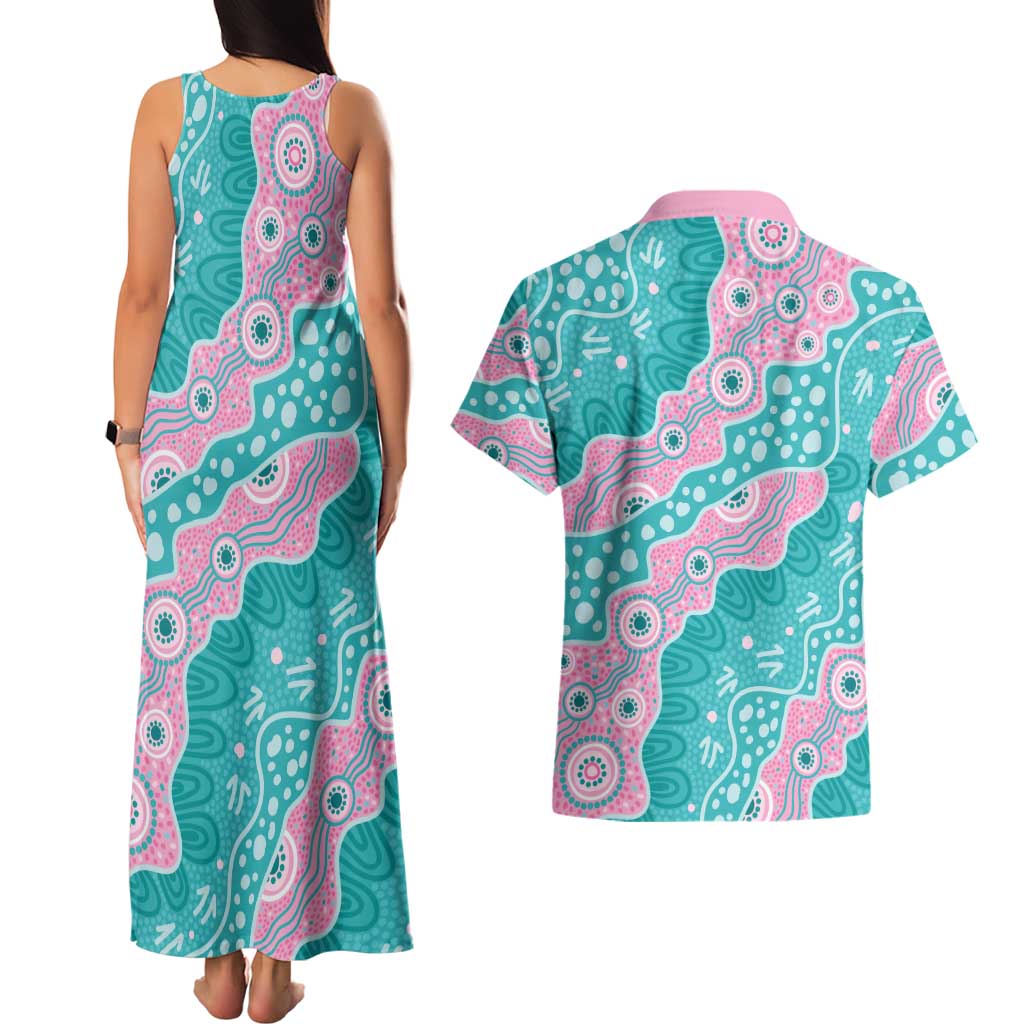 Hereditary Cancer Awareness Australia Indigenous Couples Matching Tank Maxi Dress and Hawaiian Shirt Pink and Teal - Aussie Hoodie
