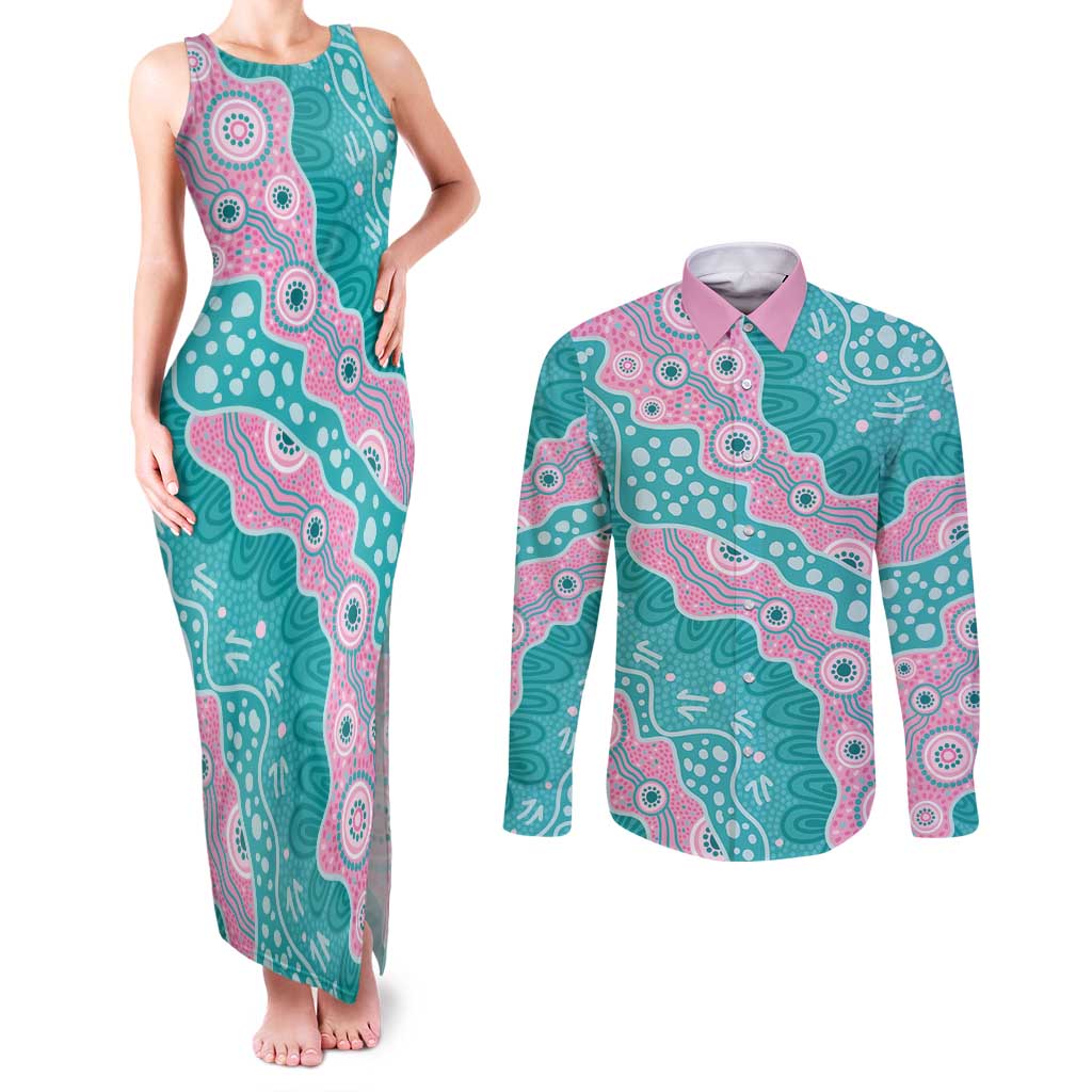 Hereditary Cancer Awareness Australia Indigenous Couples Matching Tank Maxi Dress and Long Sleeve Button Shirt Pink and Teal - Aussie Hoodie