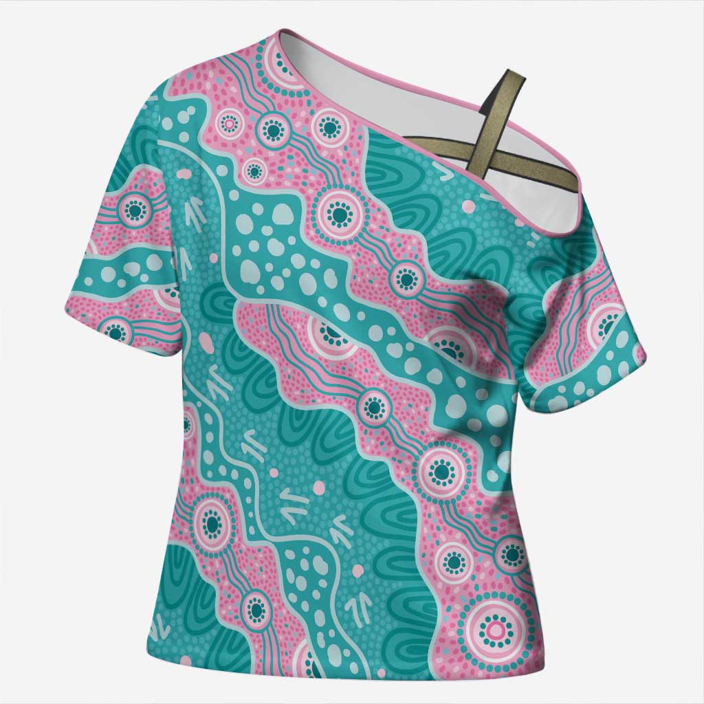 Hereditary Cancer Awareness Australia Indigenous Cross Shoulder Shirt Pink and Teal - Aussie Hoodie