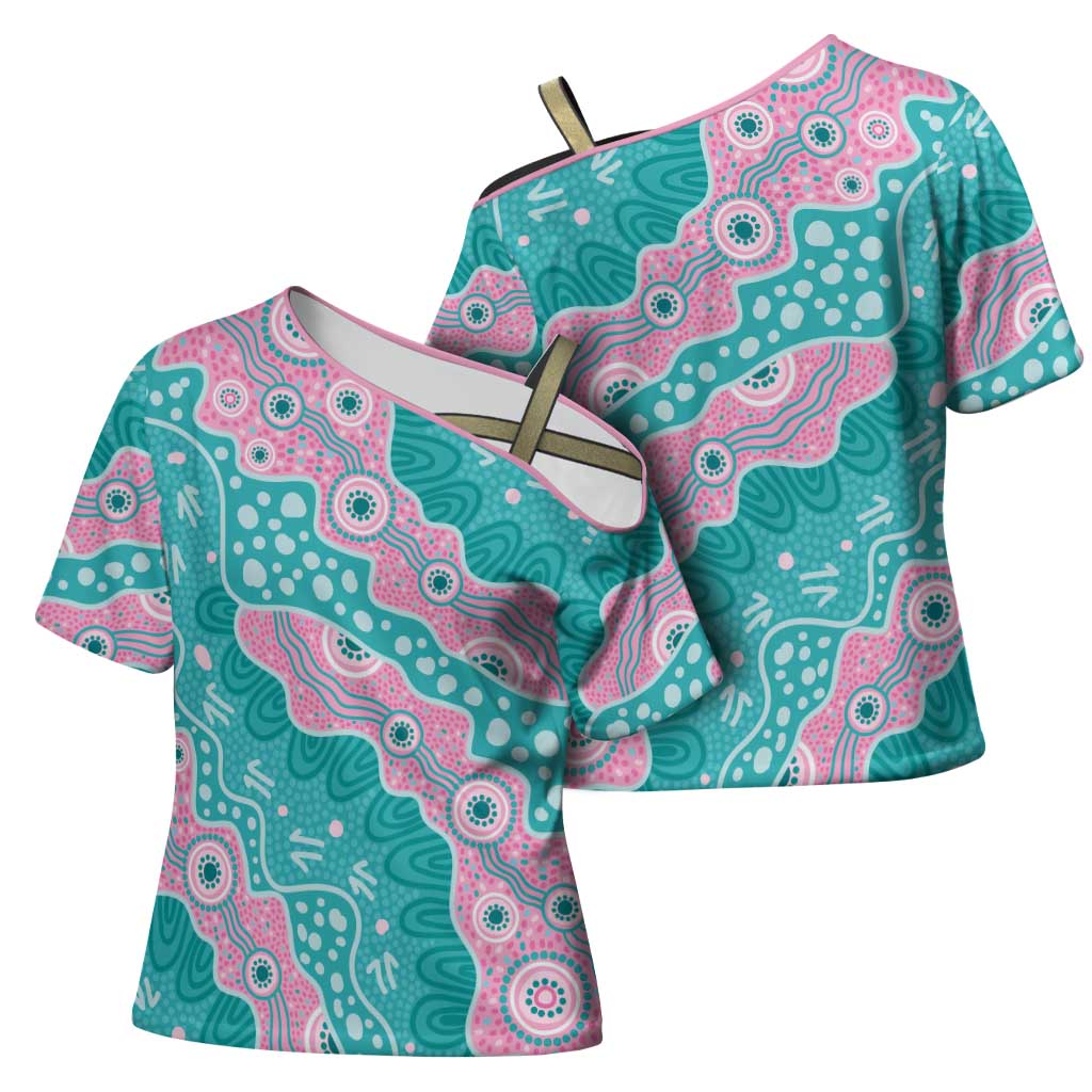 Hereditary Cancer Awareness Australia Indigenous Cross Shoulder Shirt Pink and Teal - Aussie Hoodie
