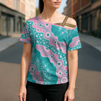 Hereditary Cancer Awareness Australia Indigenous Cross Shoulder Shirt Pink and Teal - Aussie Hoodie