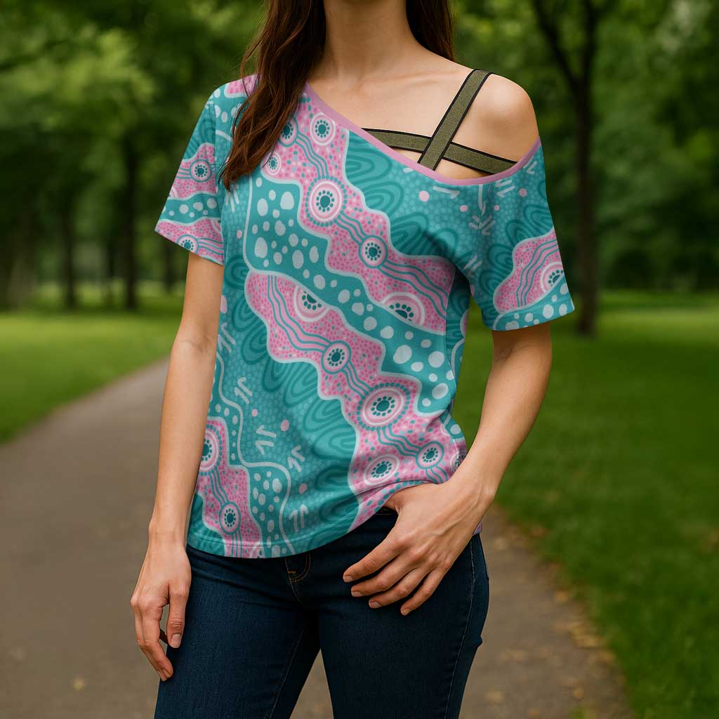 Hereditary Cancer Awareness Australia Indigenous Cross Shoulder Shirt Pink and Teal - Aussie Hoodie