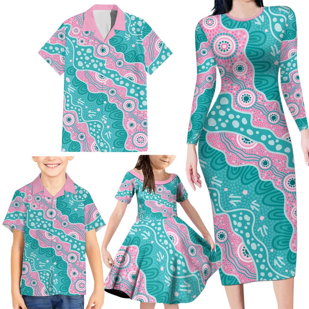 Hereditary Cancer Awareness Australia Indigenous Family Matching Long Sleeve Bodycon Dress and Hawaiian Shirt Pink and Teal - Aussie Hoodie