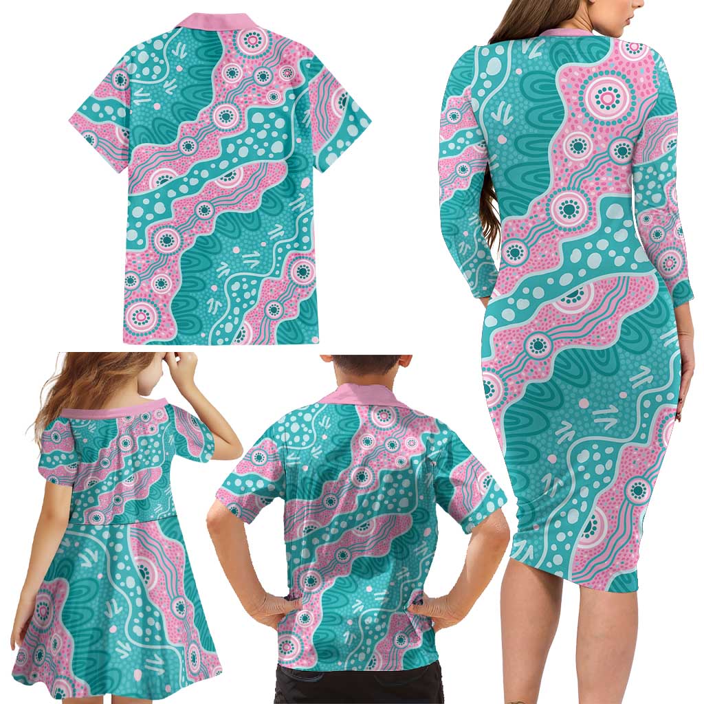 Hereditary Cancer Awareness Australia Indigenous Family Matching Long Sleeve Bodycon Dress and Hawaiian Shirt Pink and Teal - Aussie Hoodie
