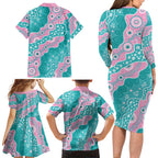 Hereditary Cancer Awareness Australia Indigenous Family Matching Long Sleeve Bodycon Dress and Hawaiian Shirt Pink and Teal - Aussie Hoodie