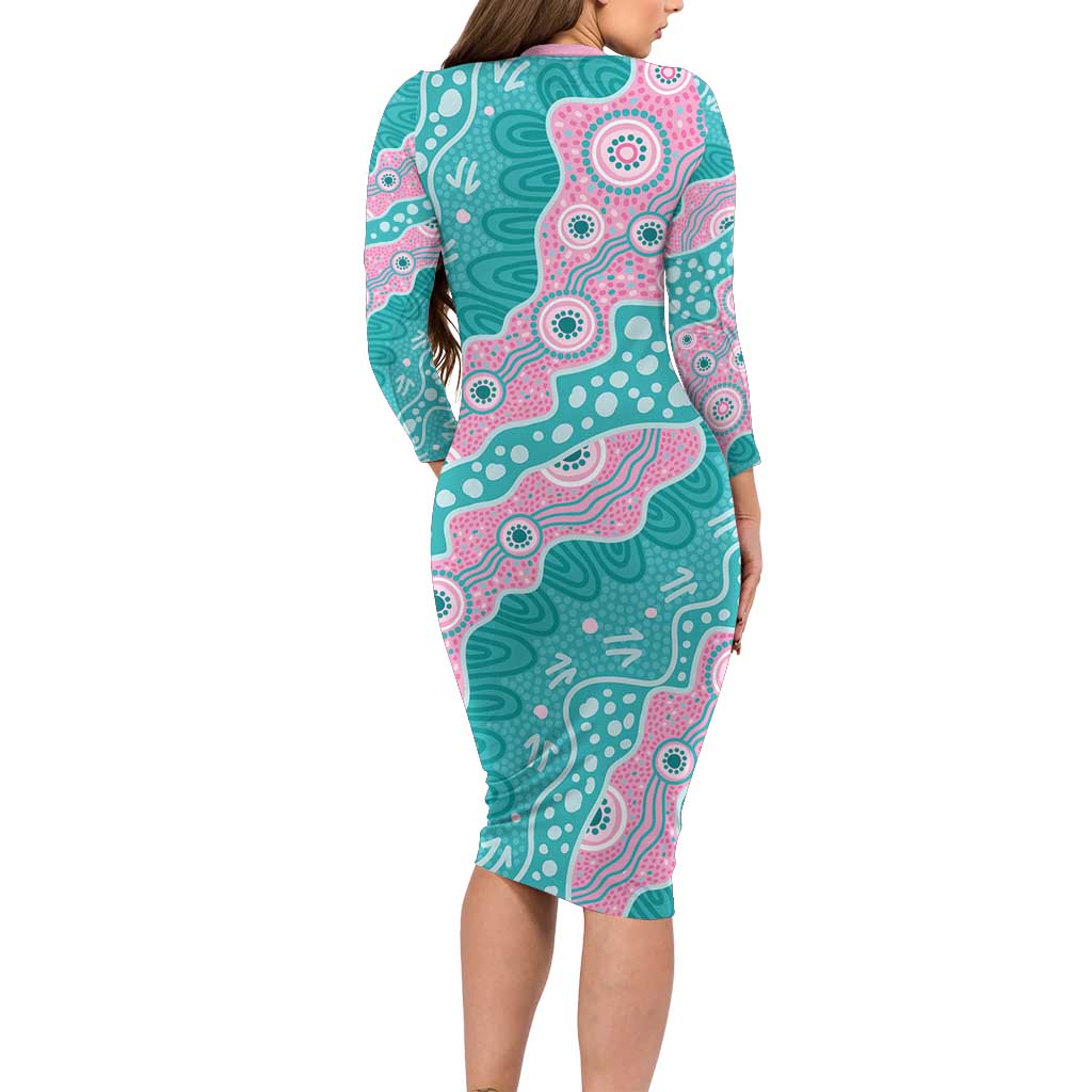Hereditary Cancer Awareness Australia Indigenous Family Matching Long Sleeve Bodycon Dress and Hawaiian Shirt Pink and Teal - Aussie Hoodie