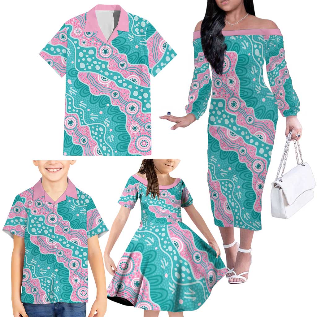 Hereditary Cancer Awareness Australia Indigenous Family Matching Off The Shoulder Long Sleeve Dress and Hawaiian Shirt Pink and Teal - Aussie Hoodie