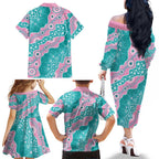 Hereditary Cancer Awareness Australia Indigenous Family Matching Off The Shoulder Long Sleeve Dress and Hawaiian Shirt Pink and Teal - Aussie Hoodie