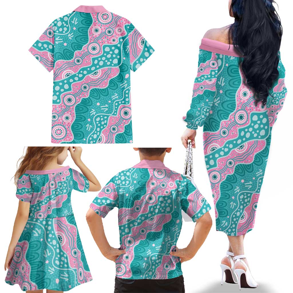 Hereditary Cancer Awareness Australia Indigenous Family Matching Off The Shoulder Long Sleeve Dress and Hawaiian Shirt Pink and Teal - Aussie Hoodie