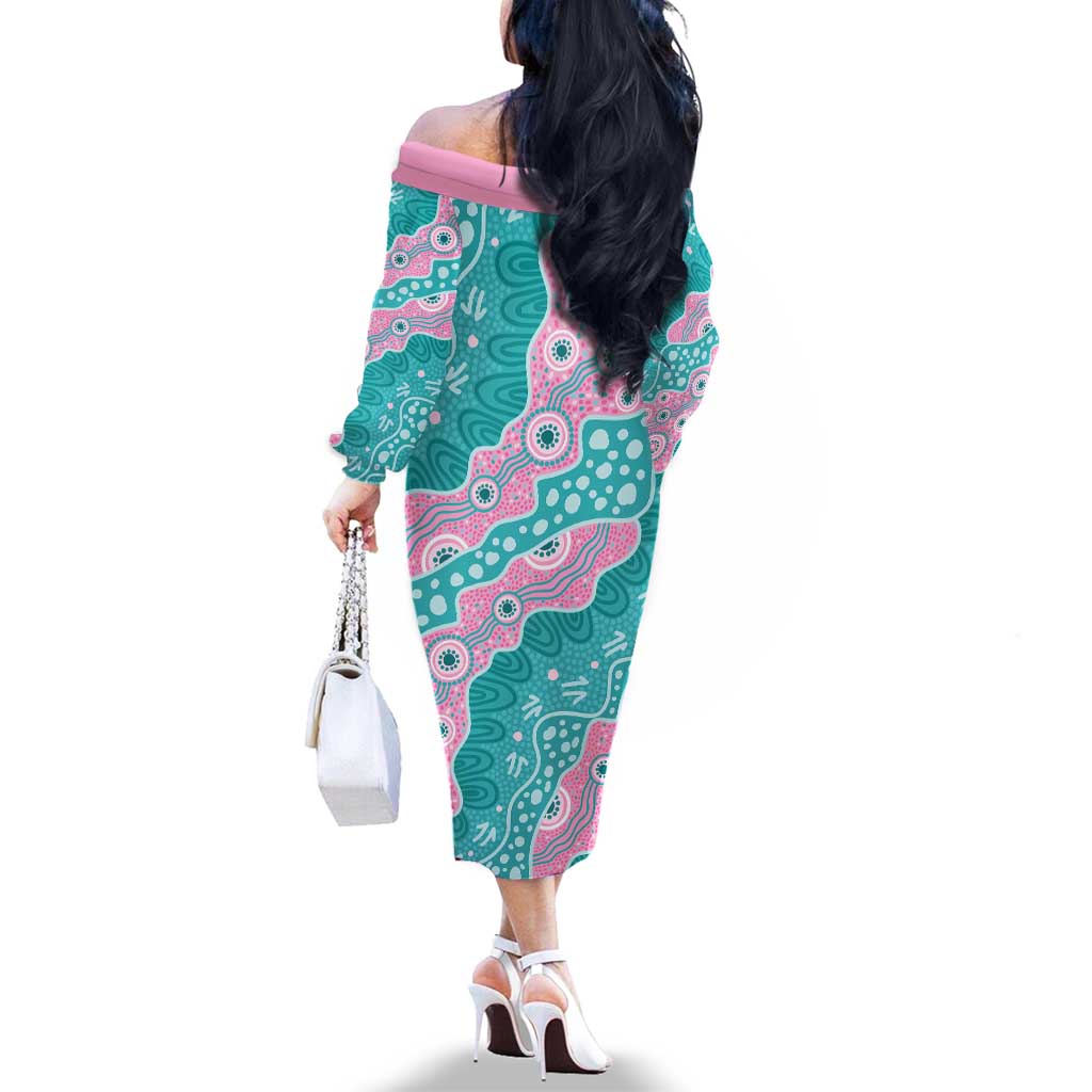 Hereditary Cancer Awareness Australia Indigenous Family Matching Off The Shoulder Long Sleeve Dress and Hawaiian Shirt Pink and Teal - Aussie Hoodie