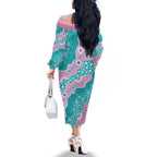 Hereditary Cancer Awareness Australia Indigenous Family Matching Off The Shoulder Long Sleeve Dress and Hawaiian Shirt Pink and Teal - Aussie Hoodie