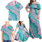 Hereditary Cancer Awareness Australia Indigenous Family Matching Off Shoulder Maxi Dress and Hawaiian Shirt Pink and Teal - Aussie Hoodie