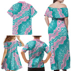 Hereditary Cancer Awareness Australia Indigenous Family Matching Off Shoulder Maxi Dress and Hawaiian Shirt Pink and Teal - Aussie Hoodie